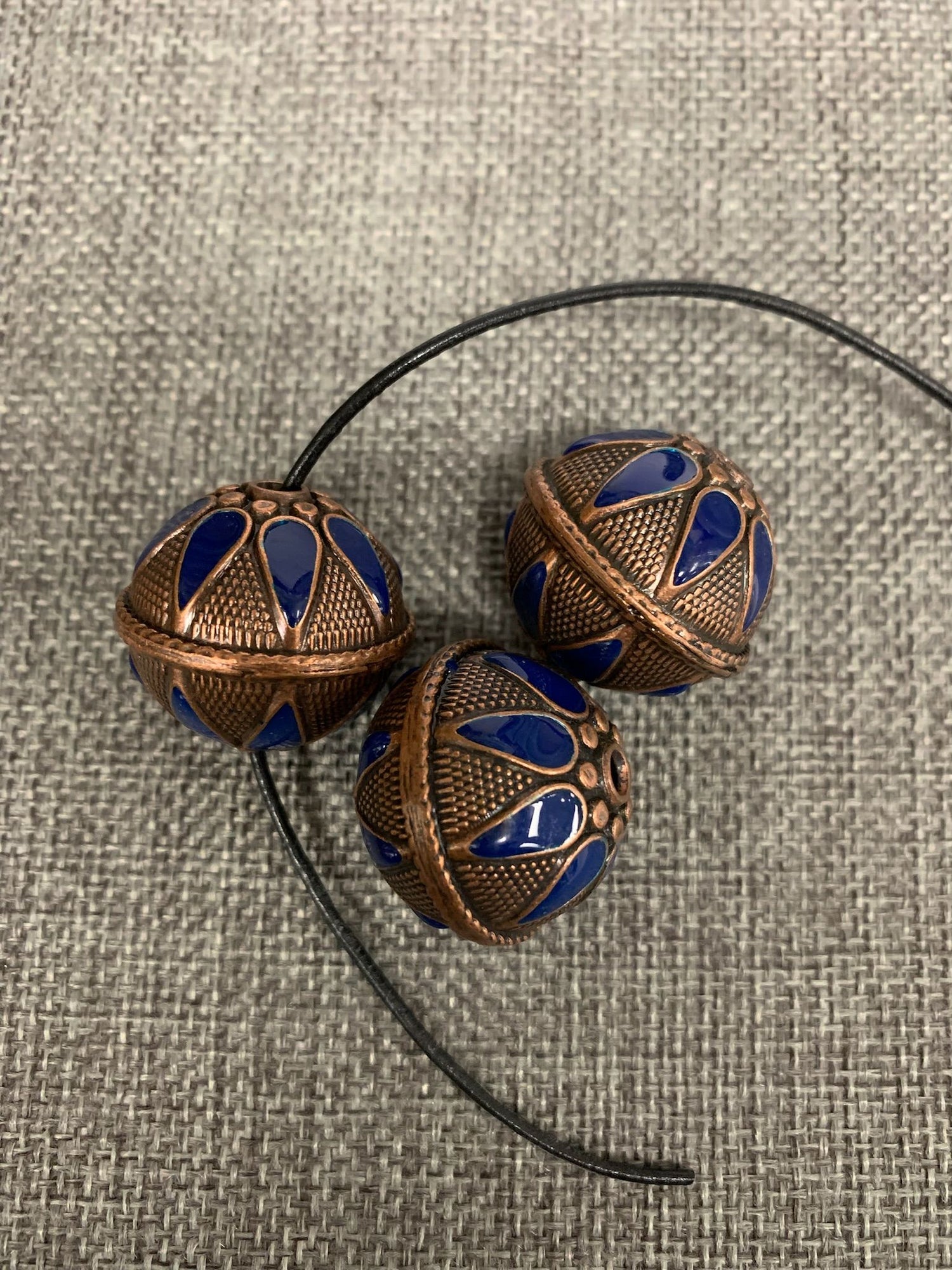 Turkmen Metal Beads with Blue Enamel on Cooper x 3 beads