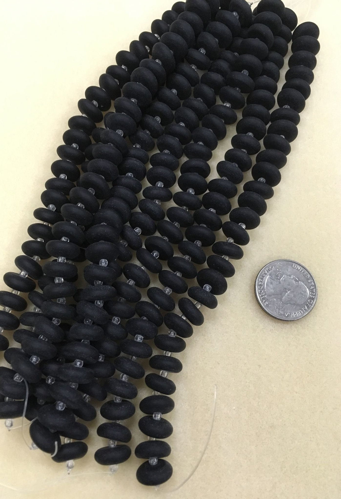 Black 8mm and 12mm matte Glass rondeles 8-inch strand