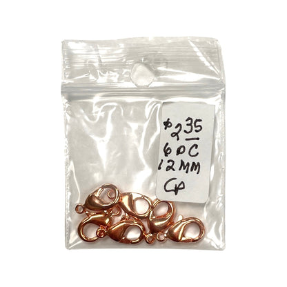 Shiny Copper Plated Lobster Claw Clasps, 12mm x 7mm, 6 Pieces